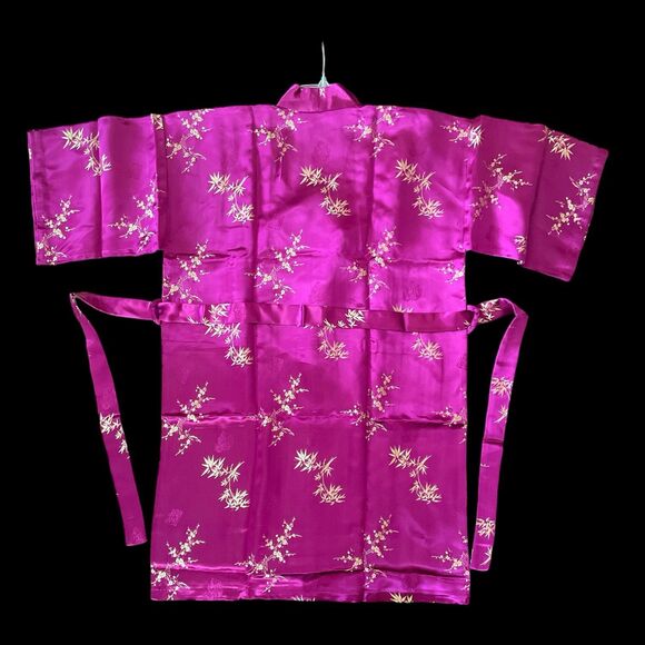 Jin Hon Fushia Metalic Gold Bamboo Pattern Chinese Kimono Robe with Belt NWOT - Picture 2 of 6